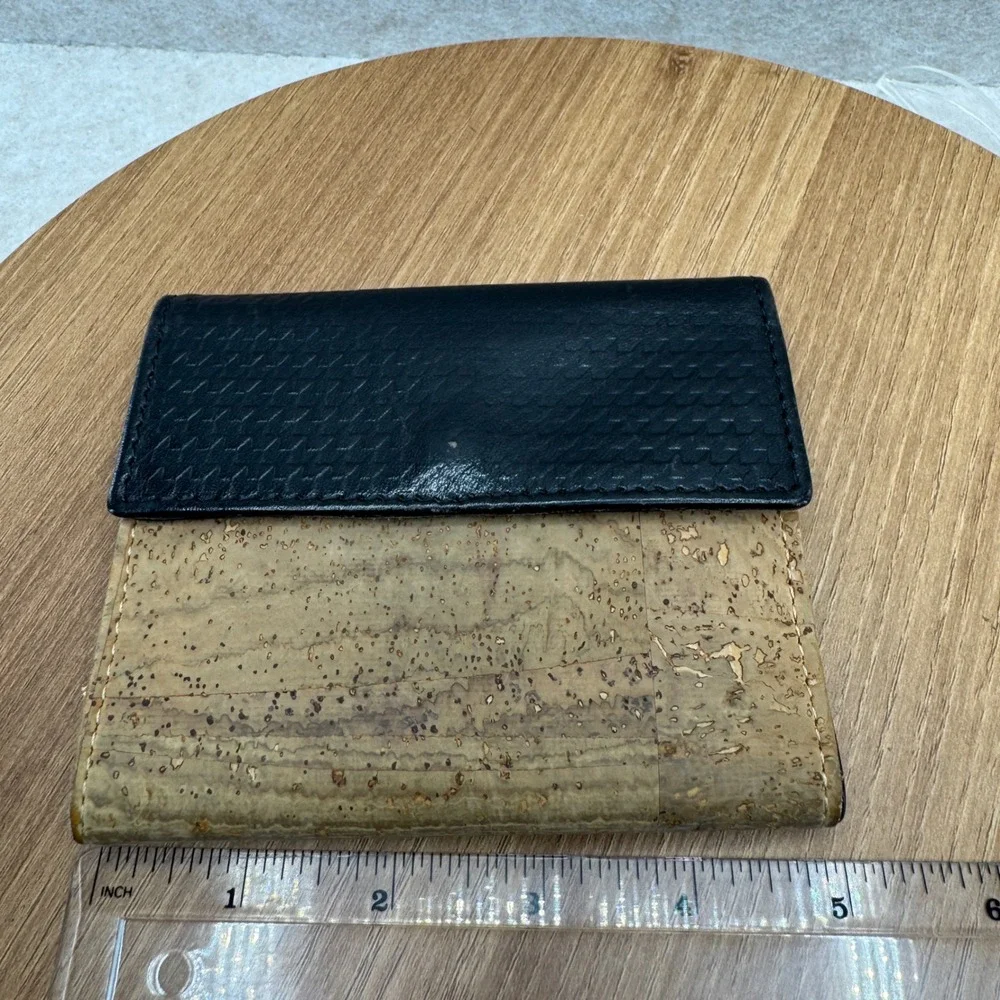 Leather Cork Trifold Wallet OS Black Tan Boho‎ Natural Eco Friendly 5x4